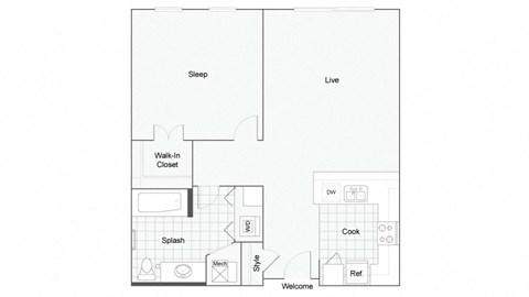 1 bedroom 1 bathroom Floor plan A at 1910 on Water, Milwaukee, Wisconsin